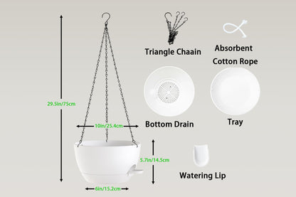 XQSHPDM Hanging Planters, 3-Pack 10 Inch Self-Watering Pots with Drainage Holes and Chains, Matte Plastic Planters for Indoor/Outdoor Plant（White）