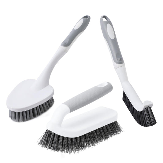CLEANHOME 3 Pcs Scrub Brush,Multifunctional Cleaning Brush Set with Non-Slip Handle and Sturdy Bristles,Scrub Brushes for Cleaning Bathroom,Kitchen,Grout,Tile,Grey