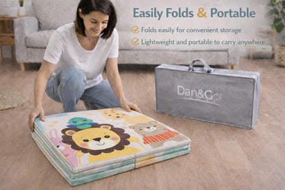DAN&GO Extra Large Baby Play Mat, Foldable, Double-Sided, Beige, Non-Toxic XPE Material, Portable Activity Floor Mat for Babies 0-12 Months & Kids, Educational Design (Funny, 71 * 79 * 0.4)