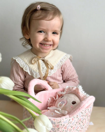 LeyaDoll Soft Baby Doll Set for Toddlers - Personalized Plush Doll Toys with Bassinet, Blanket and Bottle, First Baby Doll Accessories (9'') for Girls Pretend Play and Sleeping Cuddle - Cherry Baby