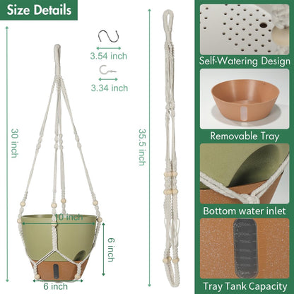 YUNLINGAA Self-Watering Hanging Planters for Indoor Plants Set 2-Piece Includes Plant Hanging Pot, Drainage-Hole Hanging Pot, and Hanging Basket Rack (10 Inches, Green)
