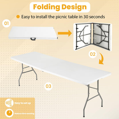 FDW 6FT Folding Table, Portable Fold-in-Half Plastic Picnic Party Table with Carrying Handle (White