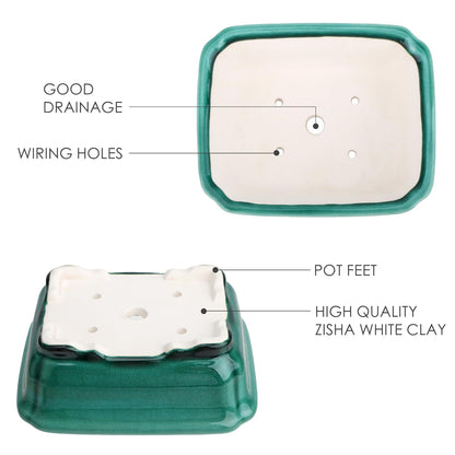 Set of 2 Zisha White Clay Bonsai Pot Glazed Shallow Succulent Planter Green