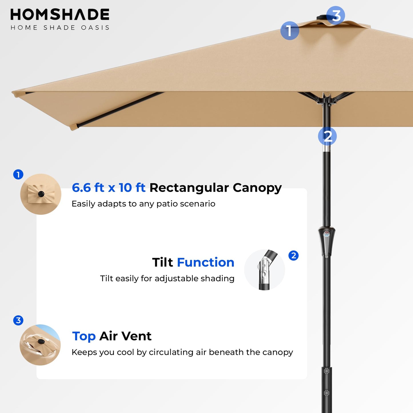 HOMSHADE 6.6 x 10 ft Rectangular Patio Umbrella Rectangle Umbrella Outdoor Patio, Large Outdoor Umbrellas for Patio Table with Tilting and Sun UV Protection for Pool, Deck, Market, Backyard, Beige