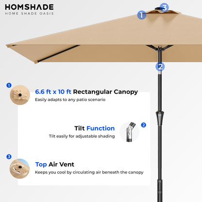 HOMSHADE 6.6 x 10 ft Rectangular Patio Umbrella Rectangle Umbrella Outdoor Patio, Large Outdoor Umbrellas for Patio Table with Tilting and Sun UV Protection for Pool, Deck, Market, Backyard, Beige