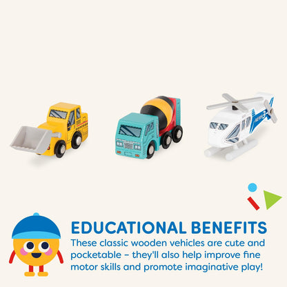 Battat – Wood Cars for Kids – 6 Pieces Toy Vehicle Set – Mini Rescue & Construction Vehicles – Toddler Truck Toys – 3+ Years– Wooden Vehicles Set 1