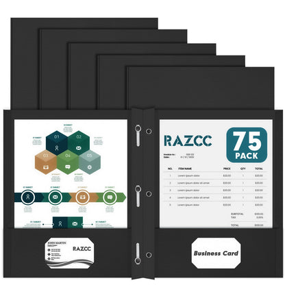 Two Pocket Folders, RAZCC 75 Pack Two Pocket Folders with Prongs, 3 Prong Folders Fit Letter Size Paper, Pocket File Folders for School Office Home Business, Black