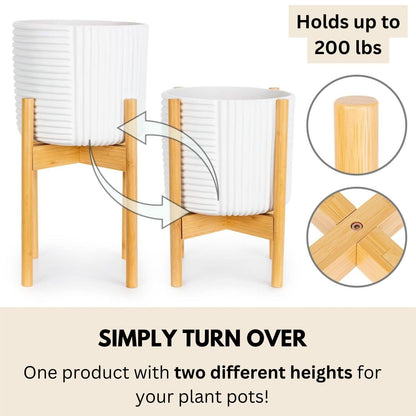 Fox & Fern Large Adjustable Plant Stand Indoor — 11 to 15 Inch Premium Mid Century Bamboo Plant Stand; Plug In Design; Easy Assembly; Two Heights - For 11, 12, 13, 14 & 15 Inch Pots (Not Included)