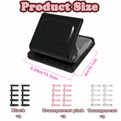 10 Hole Punch Binding Machine for Planners, Manual Paper Puncher for DIY Loose Leaf Notebooks, Includes 18 Colorful Binder Rings, Perfect for A4/A5/B5 DIY Scrapbooking, Black