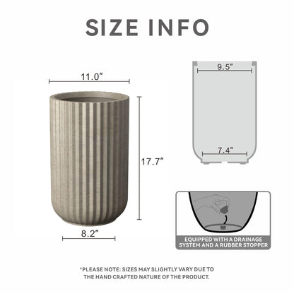 Kante Tall Fulted Planter, 17.7 Inch Tall Round Concrete Plant Pots with Drainage Hole and Rubber Plug, Modern Decor for Indoor Outdoor Plants, Flower, Weathered Concrete