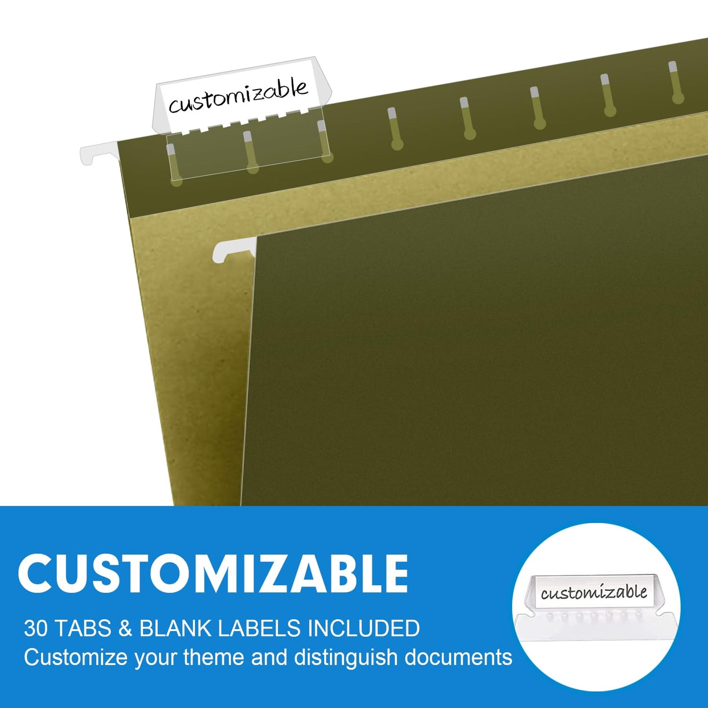 Hanging File Folders, RAZCC 30 Pack Letter Size Reinforced Hanging Folders with Heavy Duty 2 Inch Expansion for Bulky Files, Filing Cabinet, Adjustable Tabs, Green