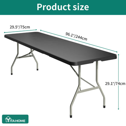 YITAHOME 8FT Folding Tables, Heavy Duty Folding Table with Carrying Handle, Plastic Fold up Table for Outdoor Camping Picnic Parties/Indoor Events, Black