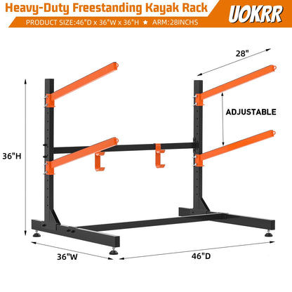 UOKRR 2 Kayak Storage Rack, Freestanding Kayak Racks for Garage, Heavy Duty Adjustable Kayak Stand Indoor Outdoor Storage Rack for Kayaks, Canoes, Surfboard & Paddleboard (2 Levels with paddle hook)