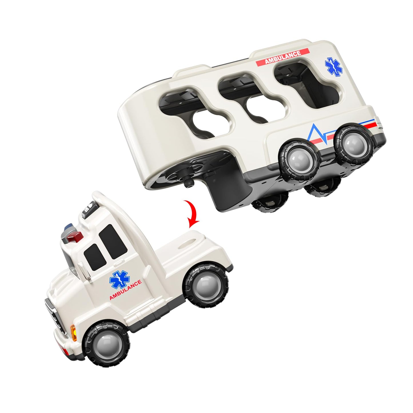 TEMI 5 Pack Ambulance Vehicle Toddler Truck Toys for 3 4 5 6 Year Old Boys, Friction Powered Cars with Toy Helicopter, Police Car, Fire Truck, Ambulance Car, Birthday Gifts for Girls Age 3-9