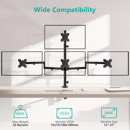 WALI Quad Monitor Mount for 13-27 Inch Screens, Fully Adjustable 4 Monitor Stand with Swivel, Tilt, Rotation, Clamp & Grommet Base Kit, Max Load 22lbs per Screen (M004S), Black