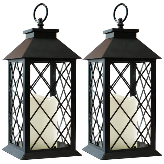 Bright Zeal 2-Pack 13.5" Vintage Candle Lantern with LED Pillar Candle (Black, 6hr Timer) - IP44 Waterproof Battery Powered Decorative Light - Outdoor Patio Hanging Lantern Decorative Tabletop Light