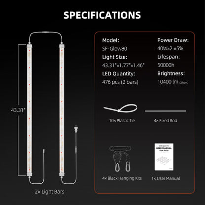 Spider Farmer Glow80 LED Grow Lights, 3.6ft Sunlike Full Spectrum Waterproof Plant Growing Lamp Linkable for Indoor Plant Shelves Seedling Veg Flower Hydroponic Greenhouse