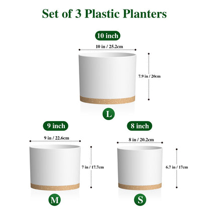 KUGAZ Plant Pots, 10/9/8 Inch 3 Pack Cylindrical Flower Pots with Drainage Holes and Saucers, Plastic Planters for Outdoor Indoor Plants,White Brown
