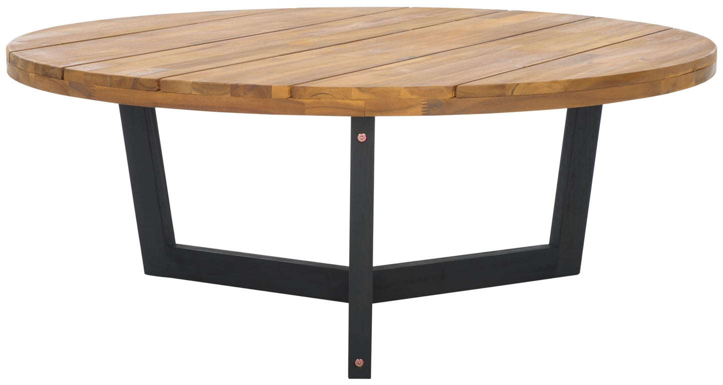 SAFAVIEH Outdoor Collection Leo Natural/Black Solid Wood Round Coffee Table