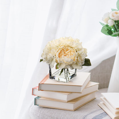 Cream Fake Flowers with Vase Hydrangea Artificial Flowers in Vase Peony Faux Flowers in Vase Rose Silk Flowers Peonies Floral Arrangements Artificial with Vase for Home Office Table Shelf Decoration