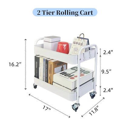 LIWNYRK 2 Tier Metal Rolling Cart with Wheels for Under Desk Storage & Pantry Storage, High Load-Bearing Kitchen Utility Cart for Small Space, Laundry Room Organization Side Table with 4 Hooks, White