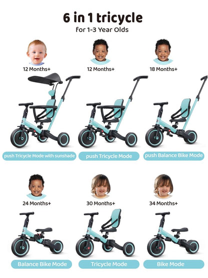 newyoo Tricycle for Toddlers 1-3, Toddler Bike, Birthday Gift and Toys for Girl and Boy, Push Trike with Handle and Canopy, 6 in 1 Baby Trike, Balance Bike, TR009, Blue