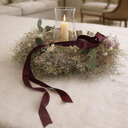 Pearly Dried Flower Centerpiece, Handmade Everlasting Floral Arrangement with Sweet Annie and Eucalyptus, 16 Inch Round Botanical Decor for Table, Mantel or Wall
