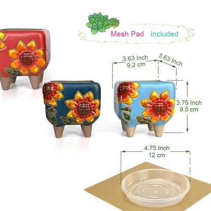 Summer Impressions 3.63 Inch Hand Painted Square Succulent Planter with Drainage and Clear Plastic Saucers Cactus Planter Pot Clay Pot Sunflowers Indoor Outdoor Pack of 3