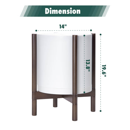 D'vine Dev Planter Pot with Stand - 14 Inch Plastic Cylinder Flower Pot with Wood Planter Holder for Indoor, Matte White Pot + Walnut Color Stand, 55-C-R-1