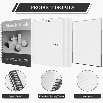 Yagol Sketch Book 9x12, 100 Sheets Spiral Bound Sketchbook, 68lb/100gsm Acid-Free Drawing Paper Pad for Sketching, Pencil, Charcoal & Dry Media, Art Sketch Pad for Students, Beginners & Artists.