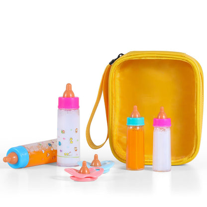 Kaydora Baby Doll Bottle Accessories - 6 Pcs Feeding Bottle Toys, Magic Disappearing Milk & Juice, Pretend Play Set with Pacifiers Kids Gift Yellow