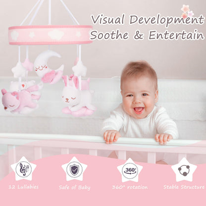 YIERCHOO Crib Mobile for Girls, Baby Mobile for Crib with 12 Lullabies Digital Musical Box, 3 Modes, Volume & Songs Control, Pink Design for Nursey Decor