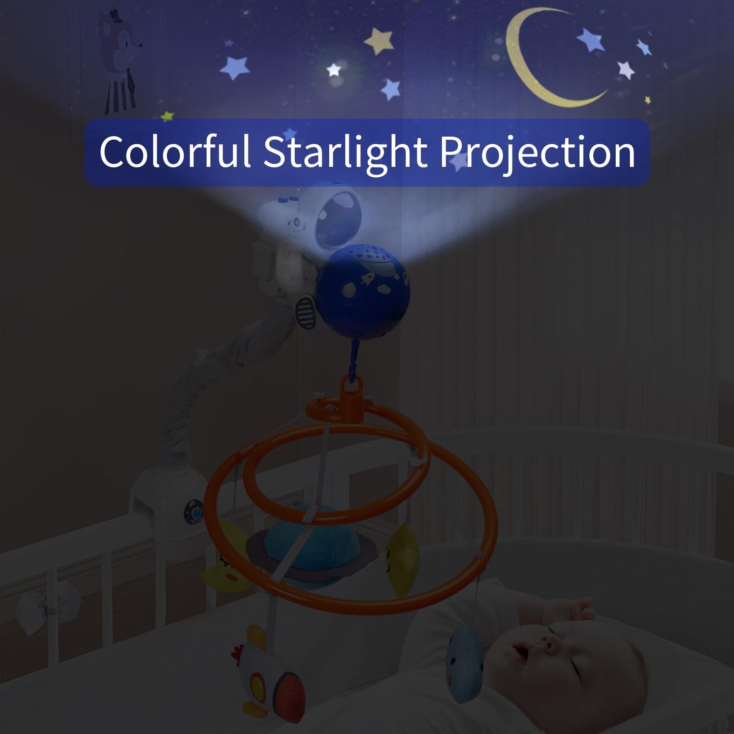Baby Crib Mobile with Music and Lights, Space Baby Mobile for Crib with Remote Control, Spaceman Nursery Decor Hanging Plush Crib Toys for Newborn Boys and Girls Infant Babies 0-6-12 Months