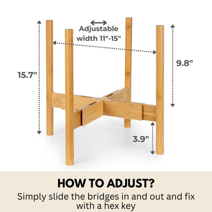 Fox & Fern Large Adjustable Plant Stand Indoor — 11 to 15 Inch Premium Mid Century Bamboo Plant Stand; Plug In Design; Easy Assembly; Two Heights - For 11, 12, 13, 14 & 15 Inch Pots (Not Included)