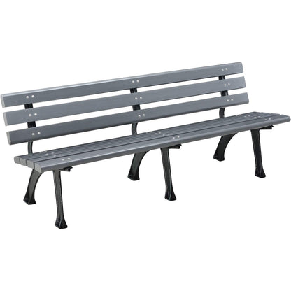 Global Industrial 6'L Outdoor Park Bench with Backrest, Recylced Plastic Slats, Wrought Iron Frame, 1985 lbs Capacity, Gray, Surface Mount, Easy Assembly
