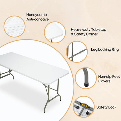 GlowitLian Folding Table 6ft, Heavy-Duty 500lbs Weight Capacity Foldable Table with HDPE Top & Steel Legs, Portable 6 Foot Picnic Table for Indoor Outdoor Parties, Camping, Event