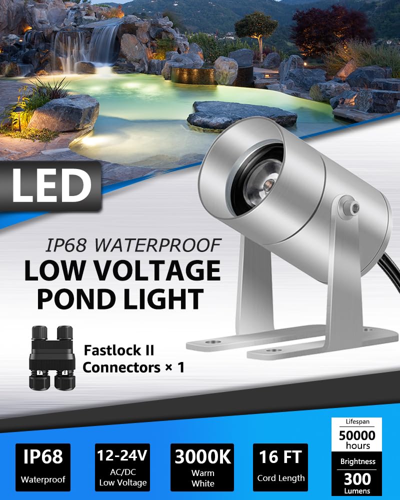 SUNVIE Pond Lights LED Underwater Submersible 12-24V AC/DC Fountain Lights Submersible Outdoor LED 3W Underwater Pond Light for Outdoor Ponds Fountains, IP68 Waterproof Warm White Fountain Ponds Light