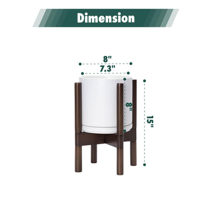 D'vine Dev Ceramic Planter with Walnut Color Stand - 8 Inch Modern Round Flower Pot with Wood Planter Holder, White, 55-B-Y-1