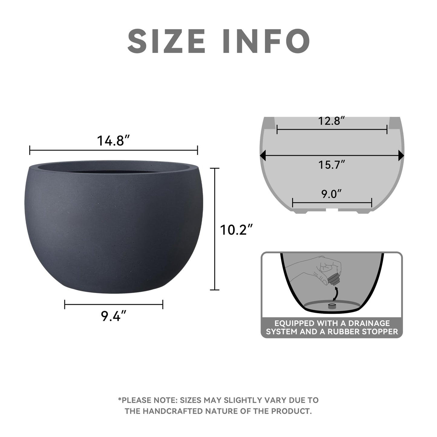 Kante 15.7" Dia Round Concrete Planter, Outdoor/Indoor Large Bowl Plant Pots with Drainage Hole and Rubber Plug for Garden Patio Balcony Home, Charcoal