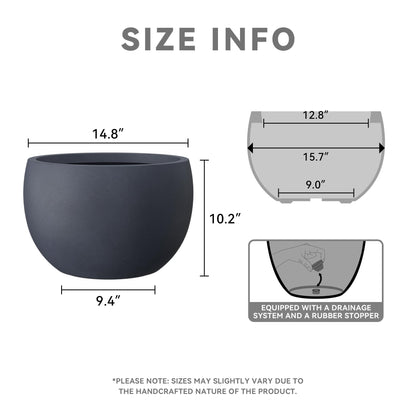 Kante 15.7" Dia Round Concrete Planter, Outdoor/Indoor Large Bowl Plant Pots with Drainage Hole and Rubber Plug for Garden Patio Balcony Home, Charcoal