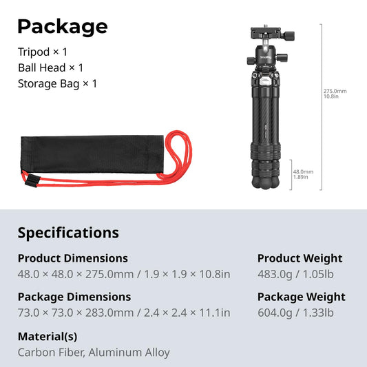 SmallRig Carbon Fiber Mini Desktop Tripod, 15.5'' / 39.5cm Compact Pocket Tabletop Tripod Kit with 360° Ball Head, Built-in QR Plate for Arca, Ball Head Capacity 3kg / 6.6lb for Cameras, DSLRs, Lenses