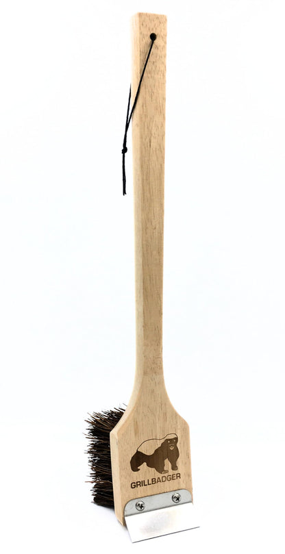 Grillbadger The Original Non Metal Grill Brush for Outdoor Grill | High Temp Heat Resistant BBQ Cleaning Brush | Long Lasting Wooden BBQ Cleaner with Scraper, Safe for Cast Iron Grates - Natural Wood