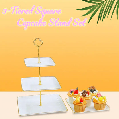 2 Pack RAUVOLFIA Plastic 3 Tier Cupcake Stand with Gold Rim, Plastic Tiered Serving Stand, Dessert Tower Tray for Tea Party, Baby Shower and Wedding, Square