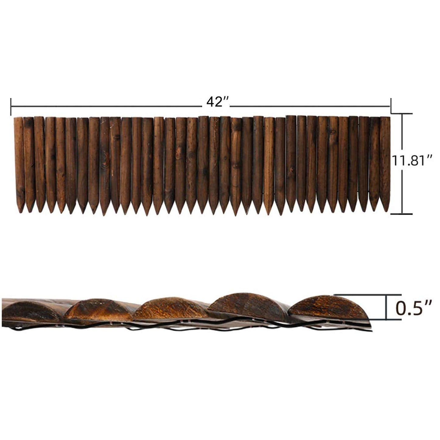 Worth Garden Wooden Short Fence Lawn Edging – Burnt Wood Finish Flexible Garden Border, No Dig Landscape Edging for Flower Beds, Tree Border & Yard – 11.8” H x 42” L