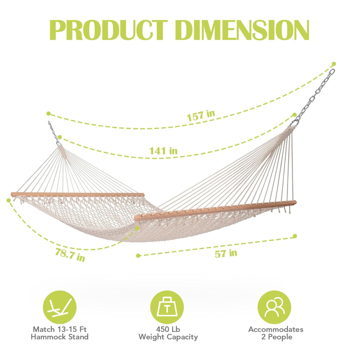 Lazy Daze Hammocks 12FT Double Rope Hammocks, 2 Person Hand Woven Cotton Hammock with Spreader Bar for Outside, Patio, Poolside, FIT 13-15 FT Stand, Max 450 Lbs, Natural, 141 x 57 inches