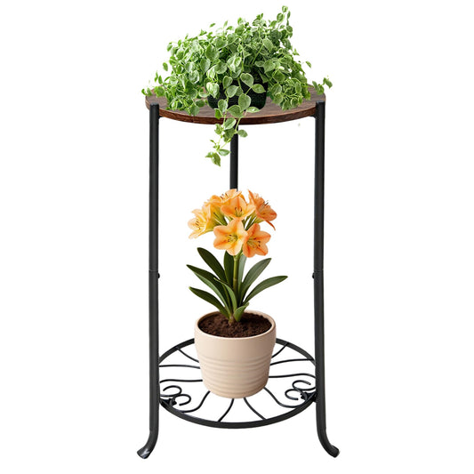 Uniqcovosa Plant Stand Indoor, 2 Tier Wood Round Potted Holder Rack, 27 " Tall Flower Pot Stand Shelf, Round Supports Plant Stand for Large Plants, Corner Plant Shelf for Balcony Garden Patio Living Room, Brown