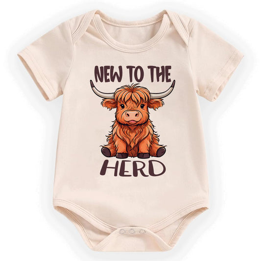 hrcfbk Western Baby Boy Girl Clothes Summer Newborn New to the Herd Cowgirl Short Sleeve Romper Infant Highland Cow Bodysuit (Beige New to the Herd,0-3 Months)