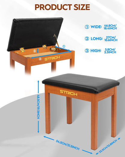 STRICH Piano Bench with Storage, Solid Wood Keyboard Bench Piano Bookcase Stool Chair Seat with Padded Cushion, Mahogany Color