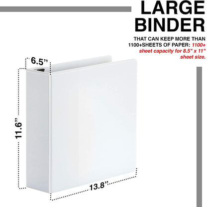 4 Pack of 6 Inch 3 Ring Binder with Locking Angle D Rings, Professional Heavy Duty Large Storage Binder with Pockets, Fits 8.5 x 11 Inch Sheets, Non-Stick Clear View Cover, Customizable, White