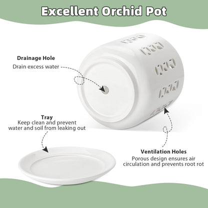 BUYMAX Ceramic Orchid Pots with Holes, 5 Inch+6 Inch Orchid Planter with Drainage Holes and Tray, Indoor Flower Pot for Repotting Orchids, Elegant White Glaze